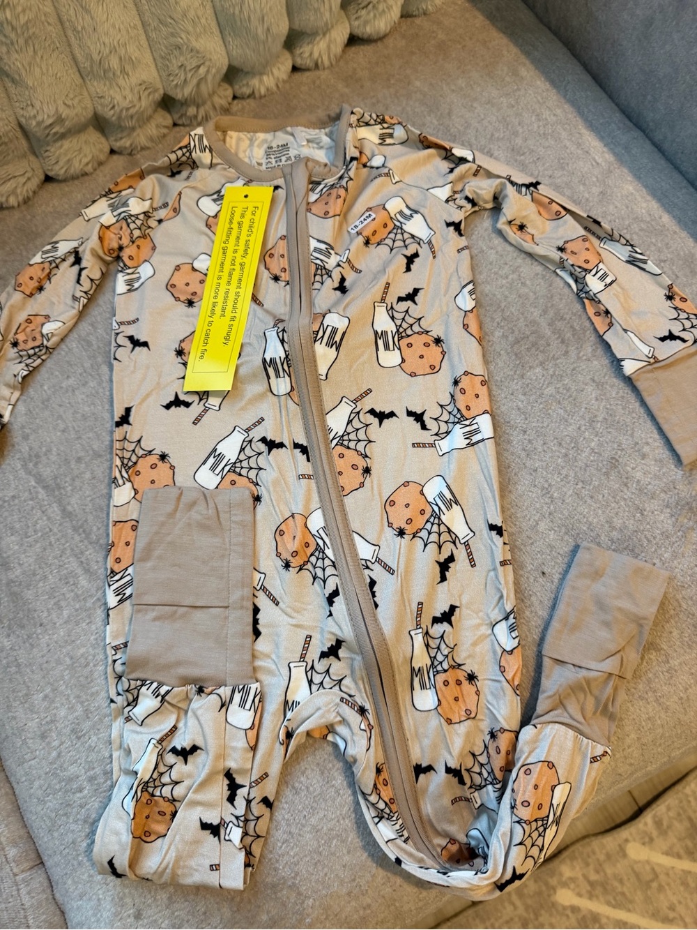 Tan Footed One-Piece Pajamas with Cookie & Milk Print